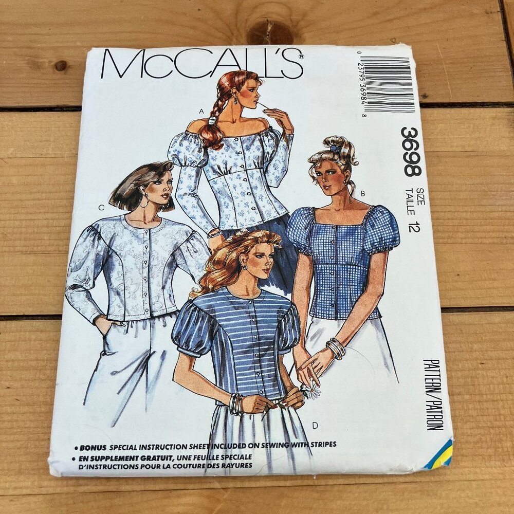 Square Neck Puff Sleeve Blouse Sewing Pattern McCall's 3698 Size 12 Vintage 80s